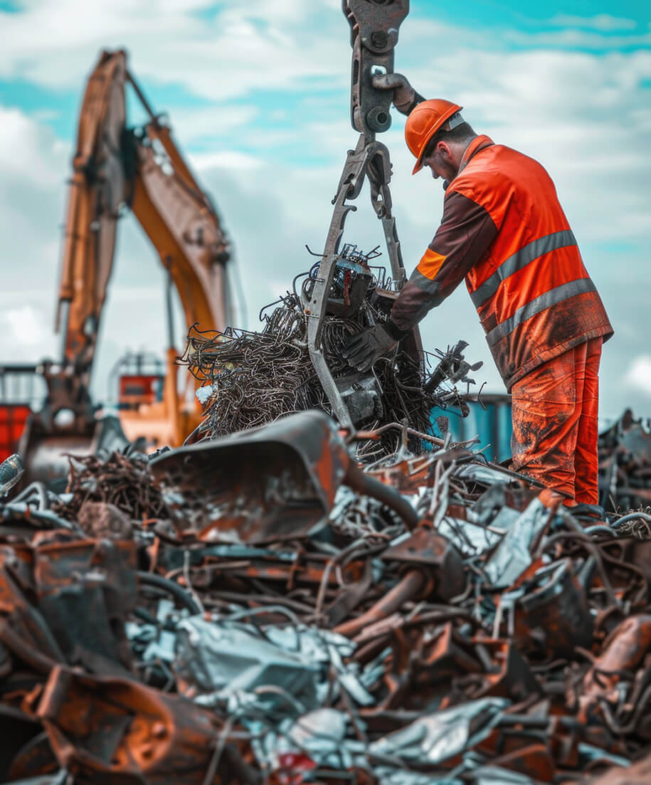 Ein Mann in Arbeitskleidung sortiert Metallschrott von einem haufen.